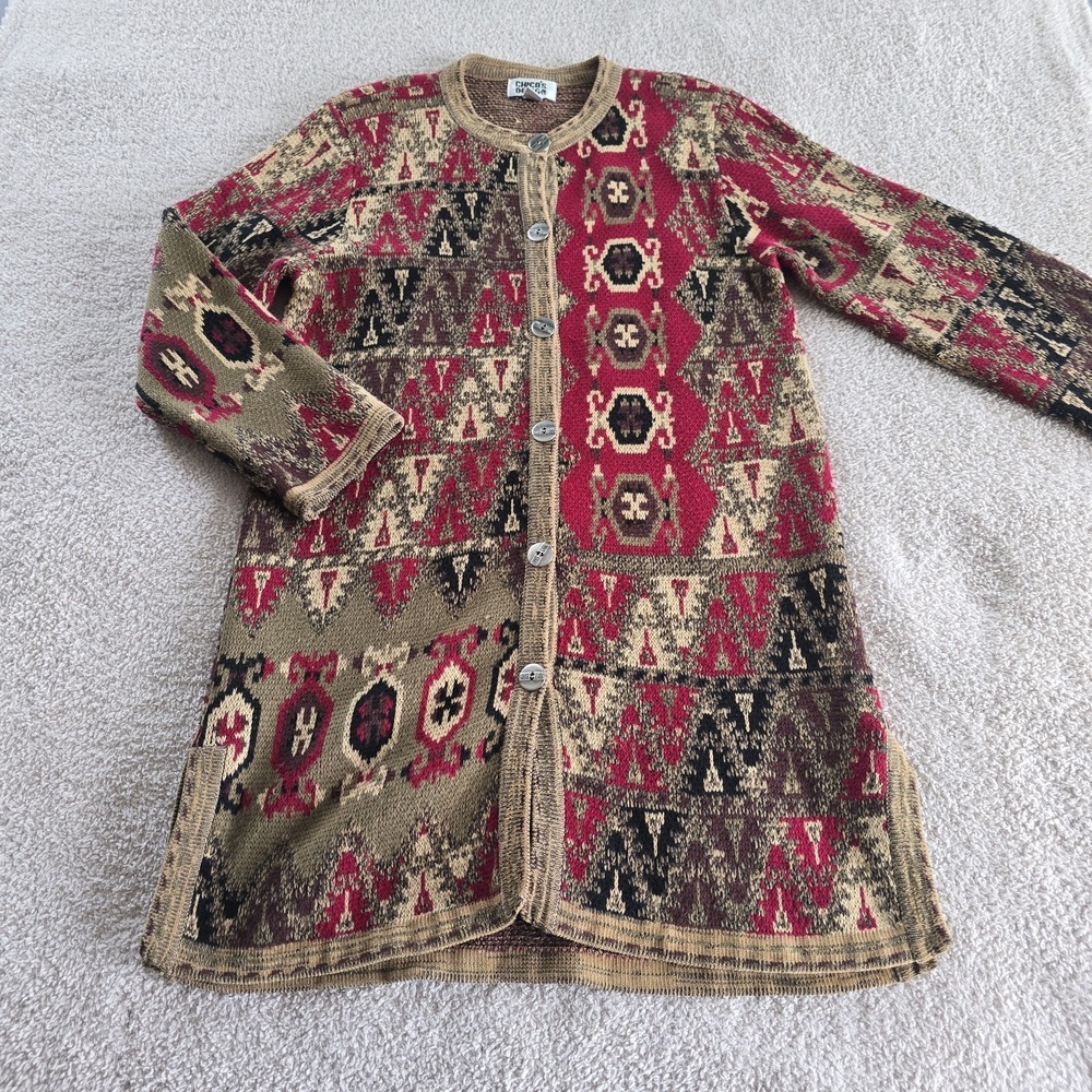 Vtg Chico's Designs Cardigan Sweater Duster Southwestern Tapestry Earthy Sz S